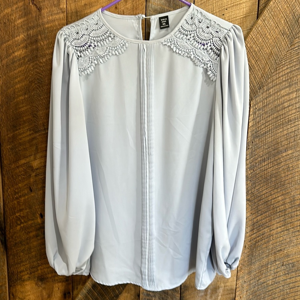 SHEIN curve lace shoulder insert long sleeve blouse ice blue